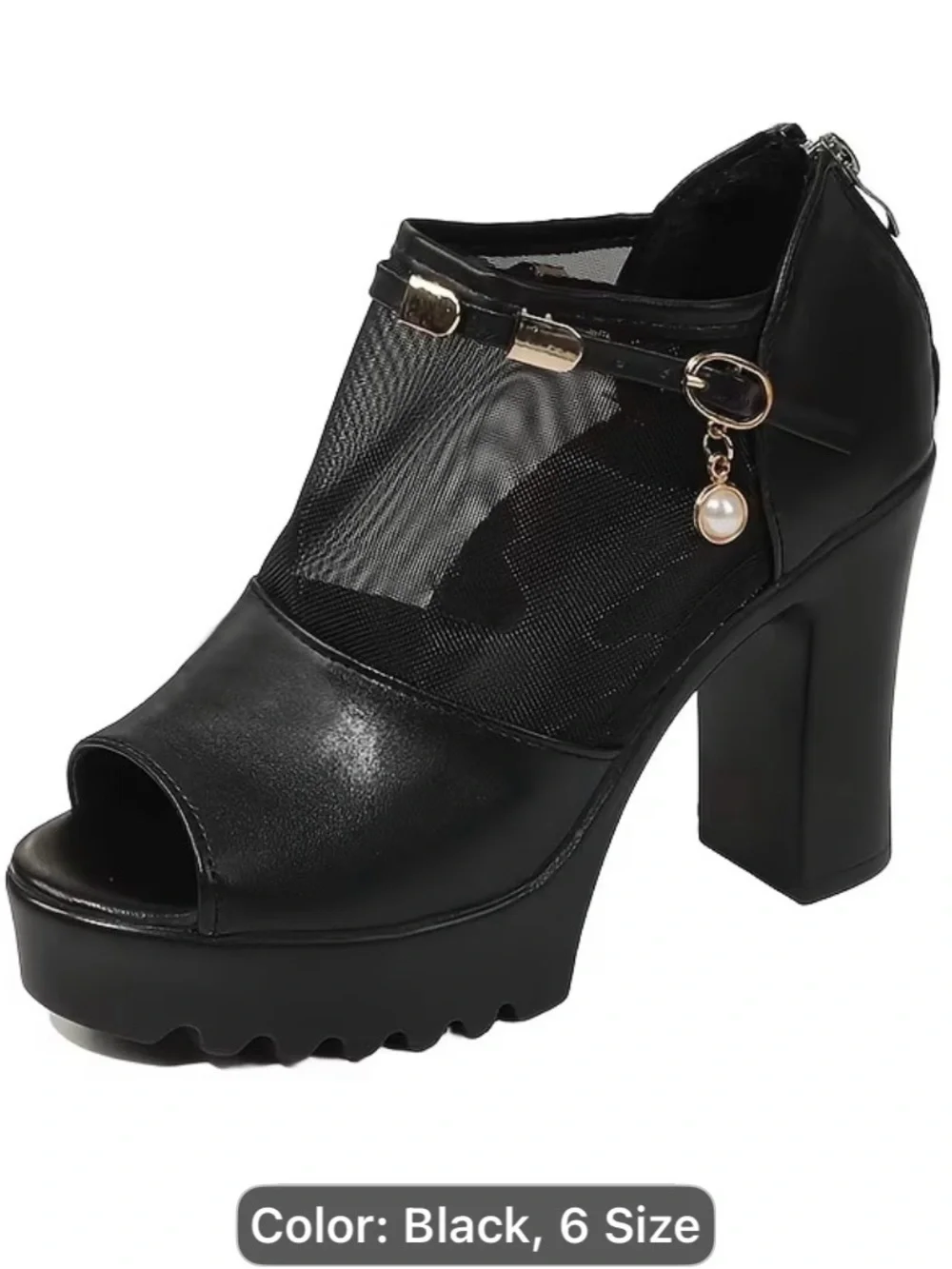 Women’s Black Peep-Toe Platform Heels with Mesh Inset
